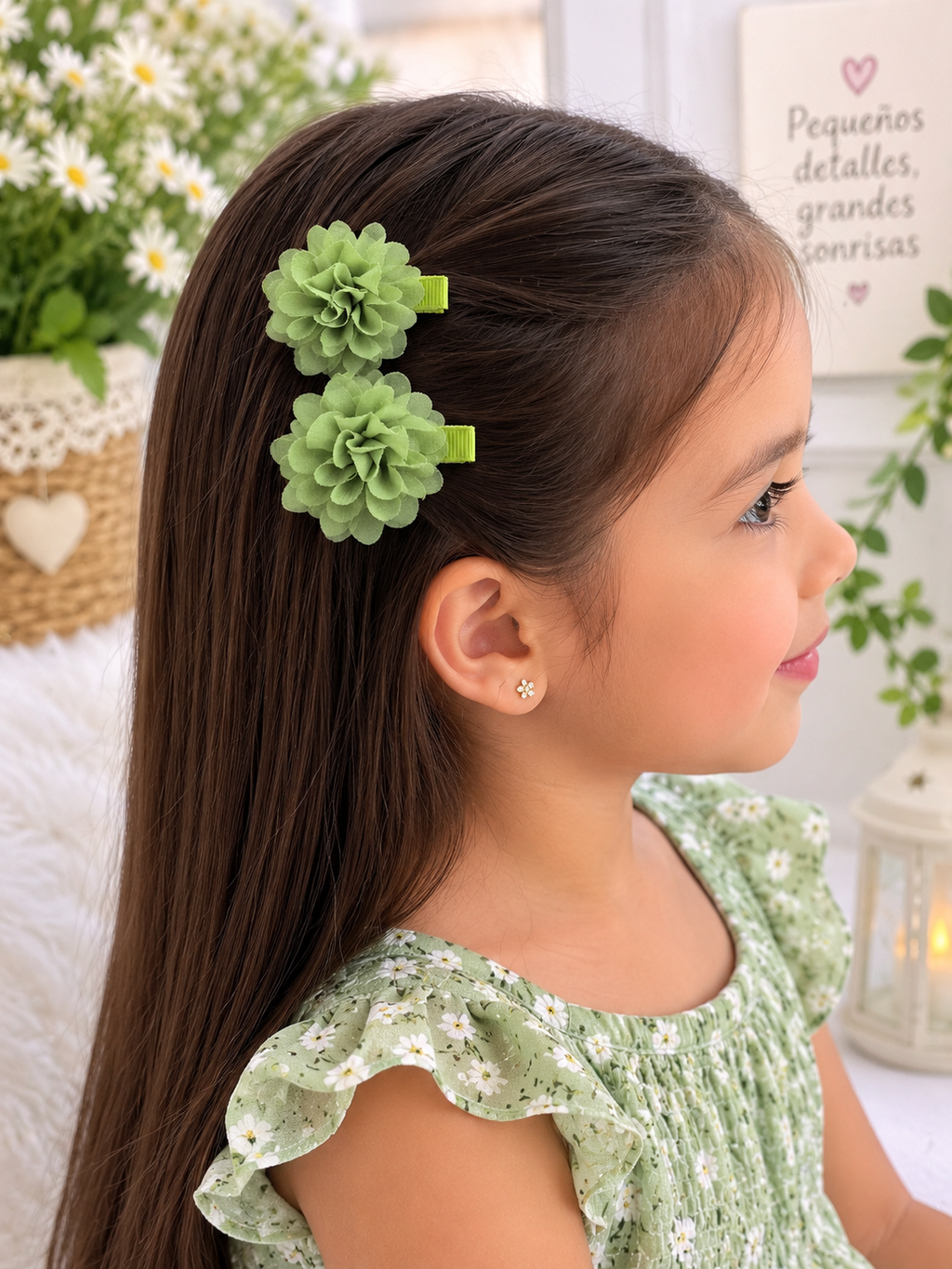 Barrettes à cheveux fleurs en mousseline vert olive – Lot de 2