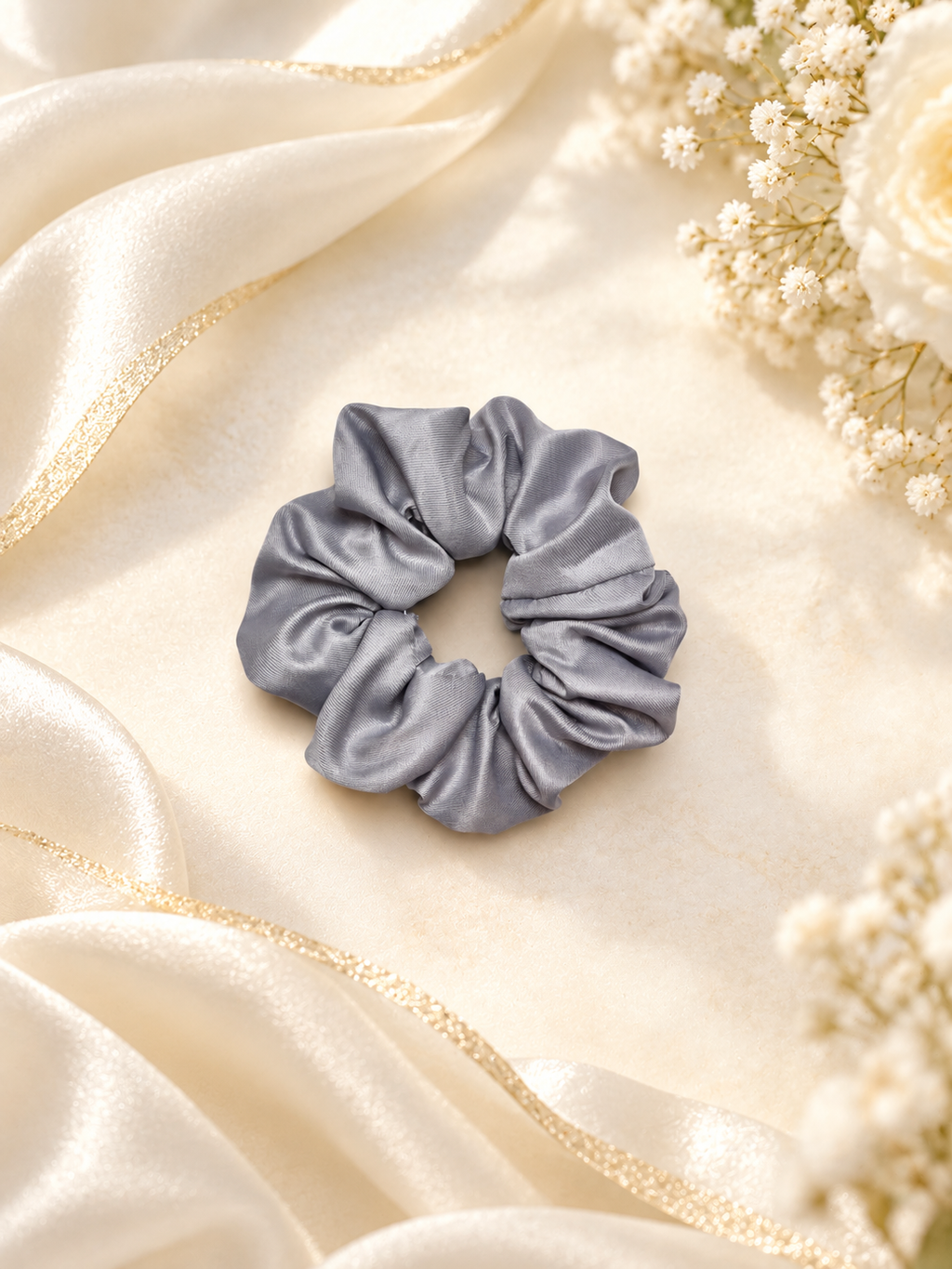 Silver Satin Scrunchie – Elegant Handmade Hair Tie