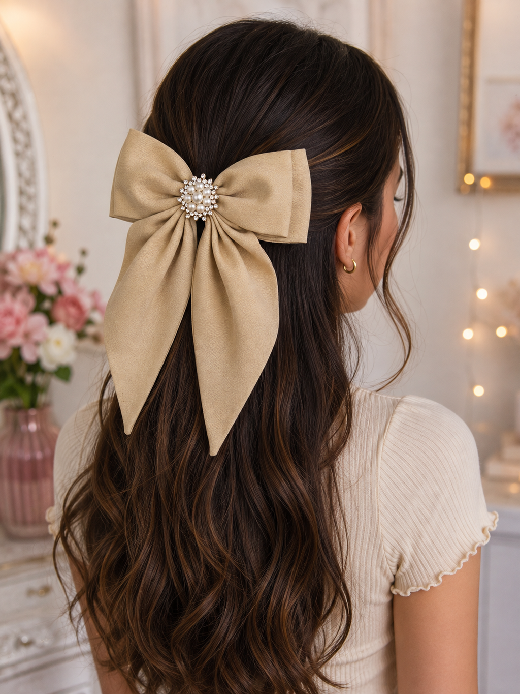 Elegant Beige Pearl & Rhinestone Hair Bow