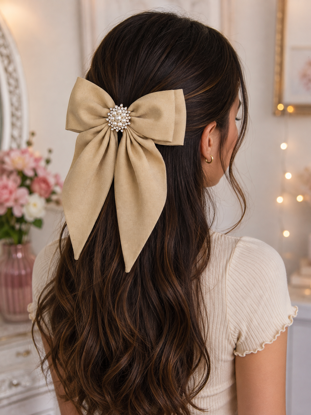 Elegant Beige Pearl & Rhinestone Hair Bow