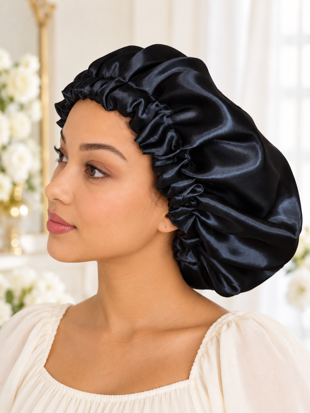 Black Elegance – Handmade Satin Bonnet