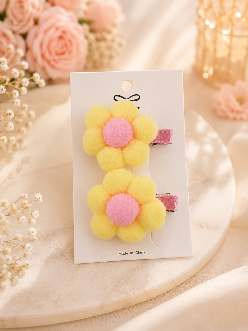 Yellow & Pink Pom-Pom Flower Hair Clips – Set of 2