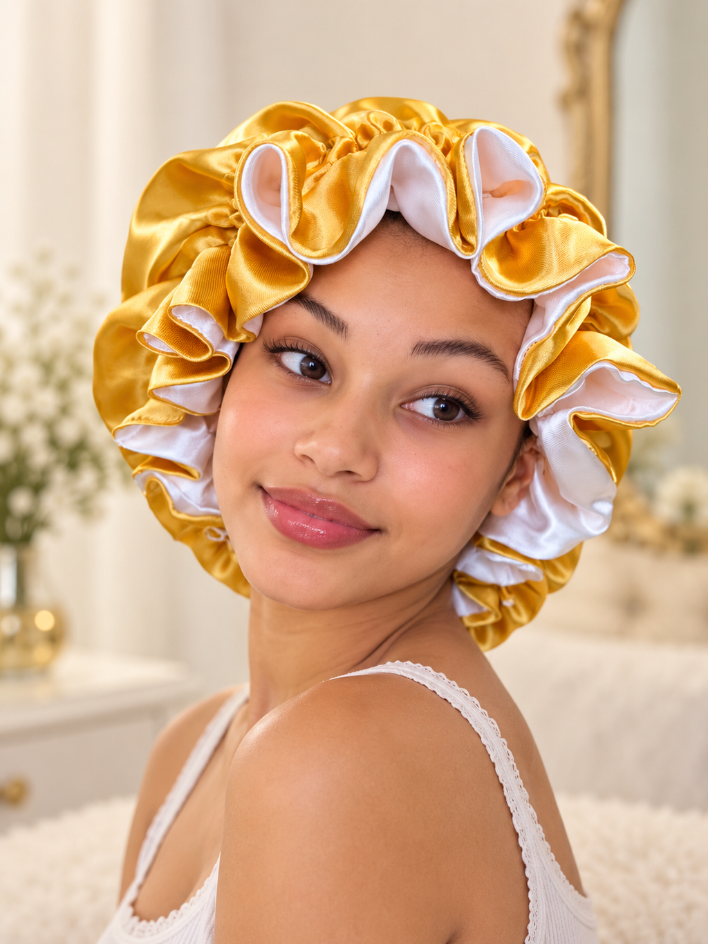 Reversible Satin Bonnet – Gold & White