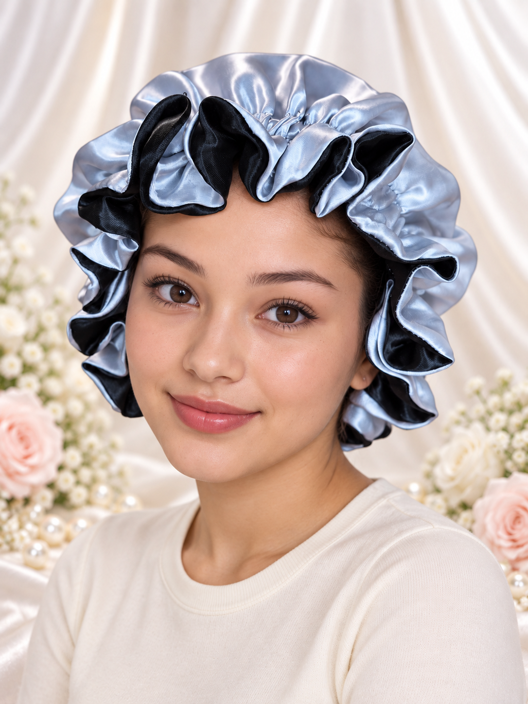 Silver Gray & Black Reversible Satin Bonnet