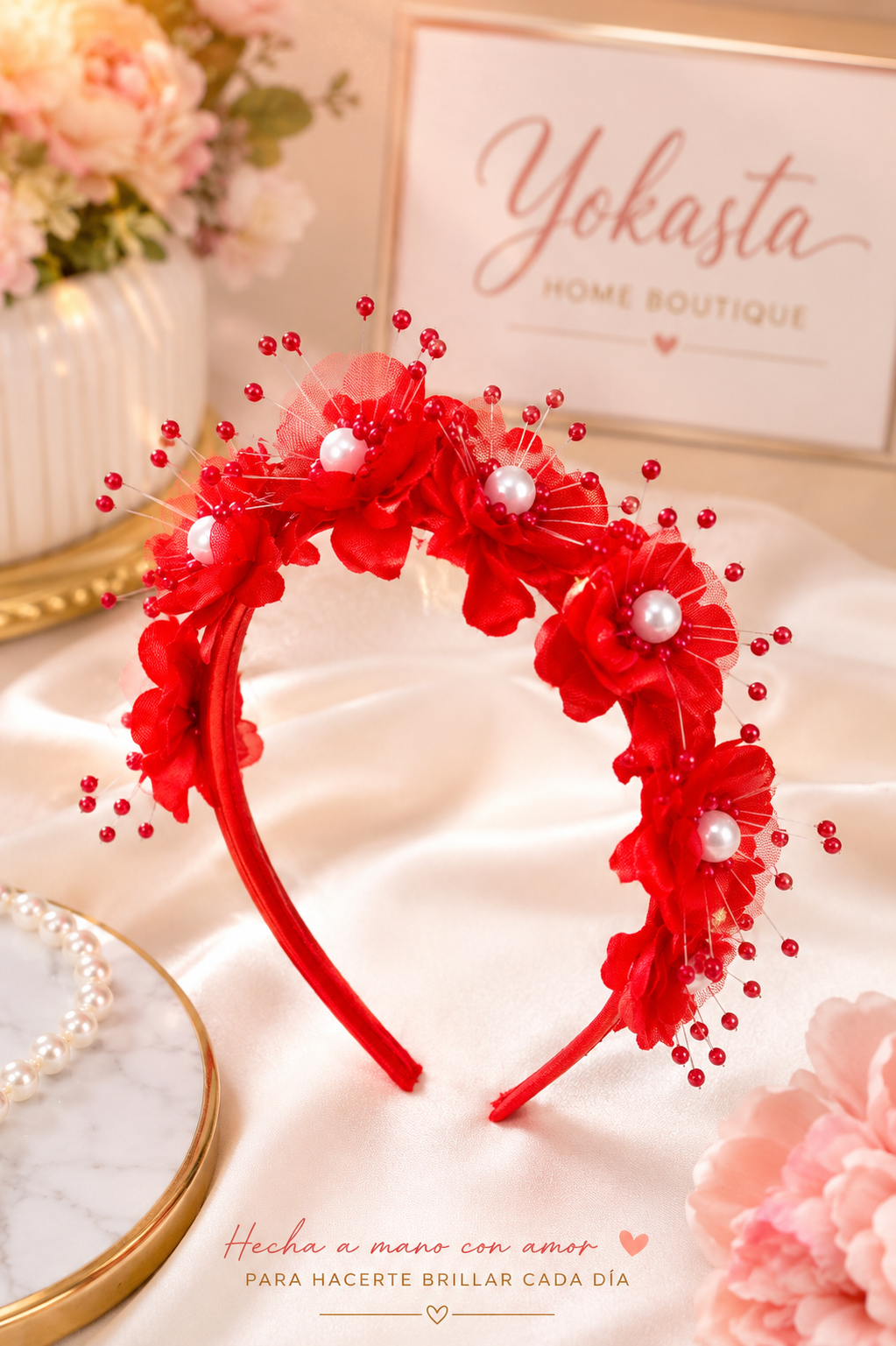 Diadema floral de perlas rojas – Hecha a mano