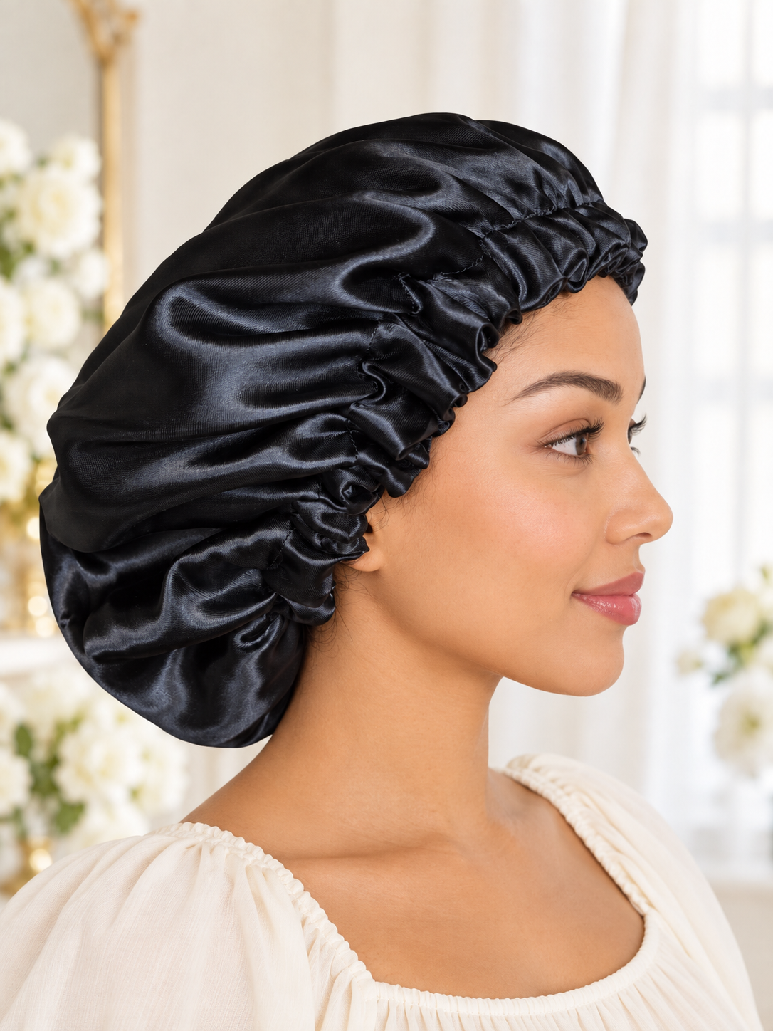 Black Elegance – Handmade Satin Bonnet