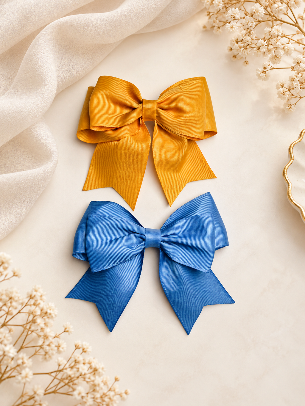 Set of 2 Grosgrain Ribbon Hair Bows – Mustard & Blue