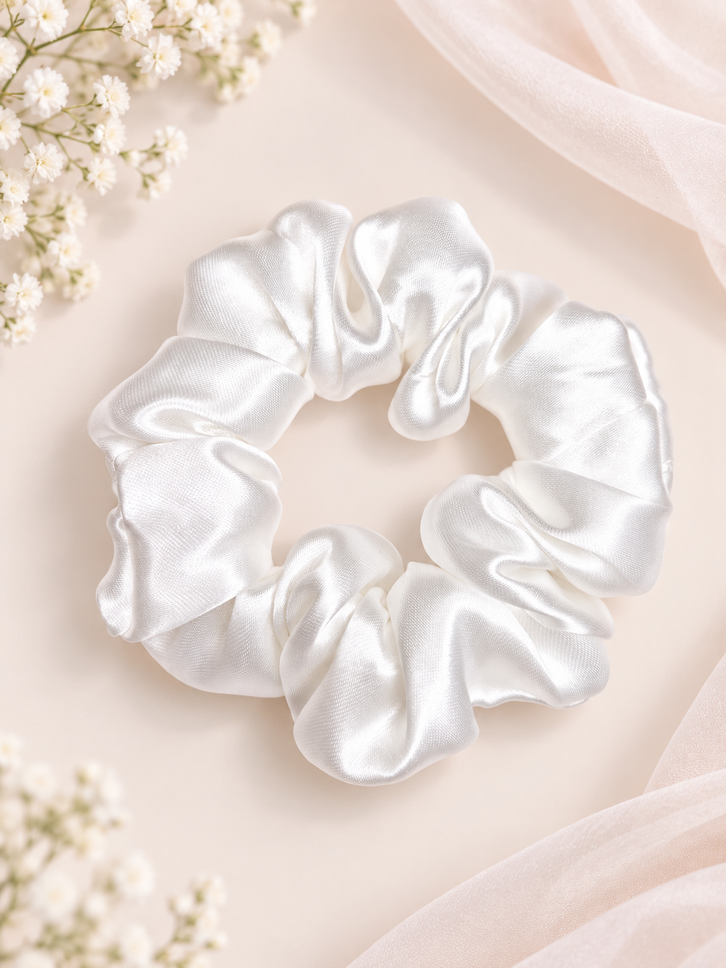 Elegant White Satin Scrunchie – Handmade Hair Accessory