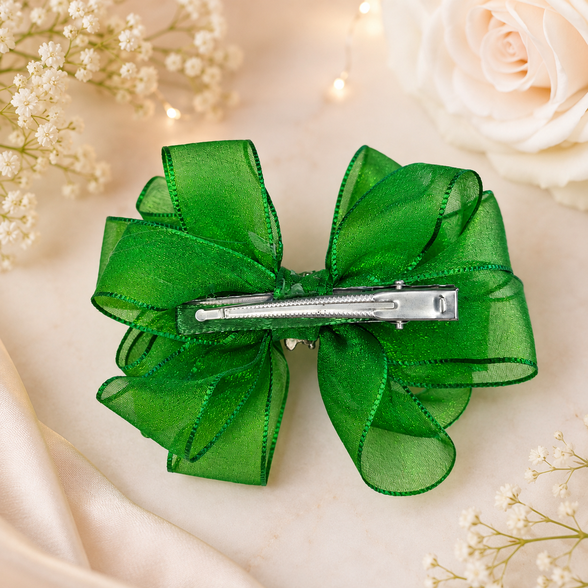 Emerald Pearl Organza Boutique Hair Bow