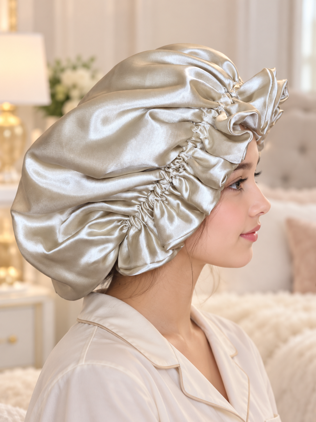 Champagne Satin Bonnet with Ruffled Edge