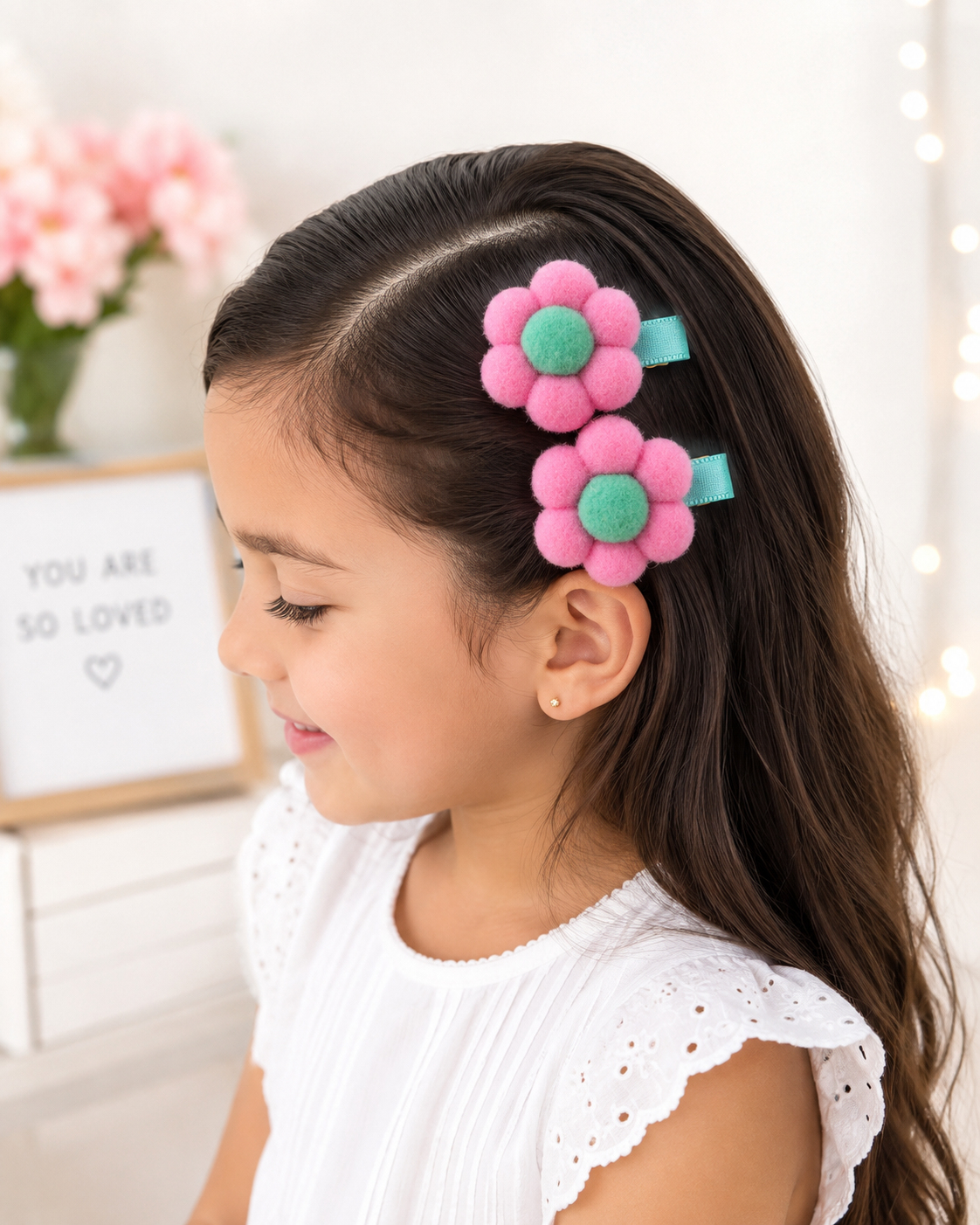 Pink & Mint Pom-Pom Flower Hair Clips – Set of 2