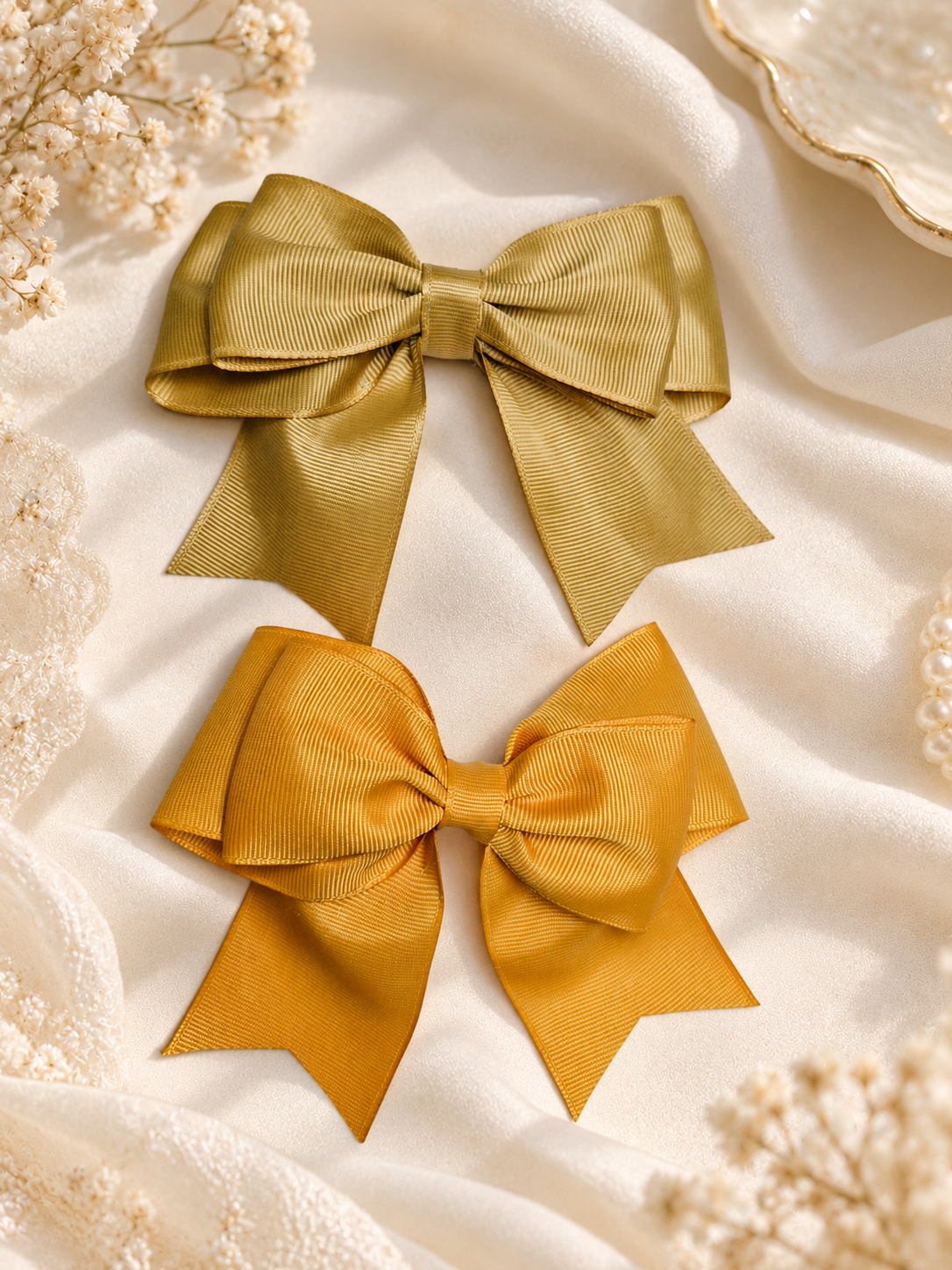 Set of 2 Handmade Golden Grosgrain Hair Bows with Alligator Clips
