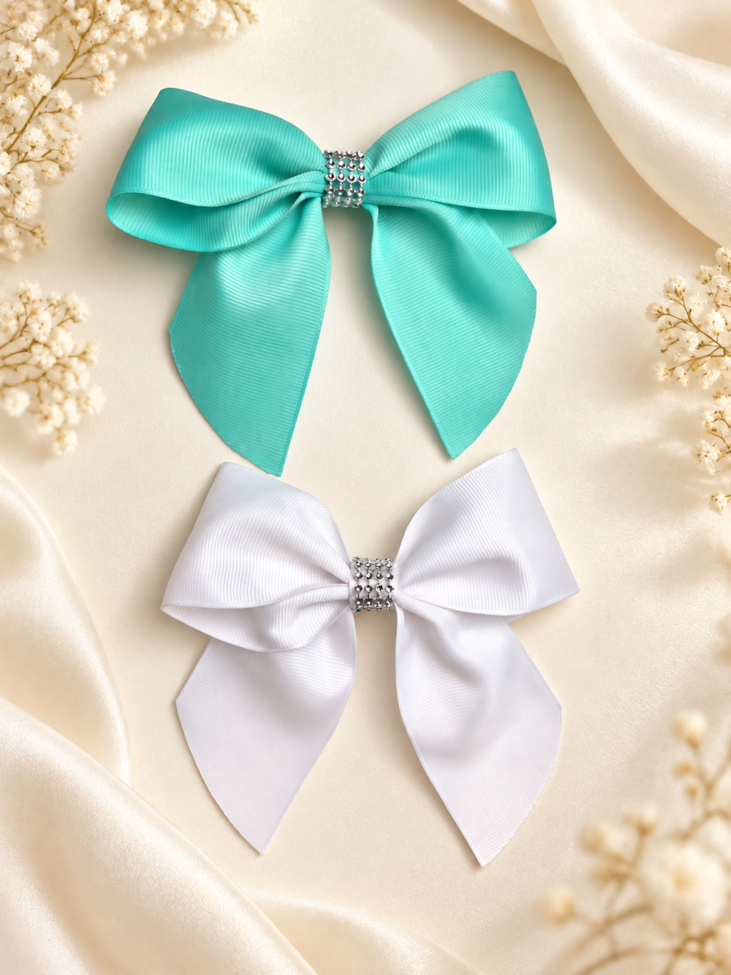 Ensemble de 2 nœuds pour cheveux faits main, vert menthe et blanc avec strass