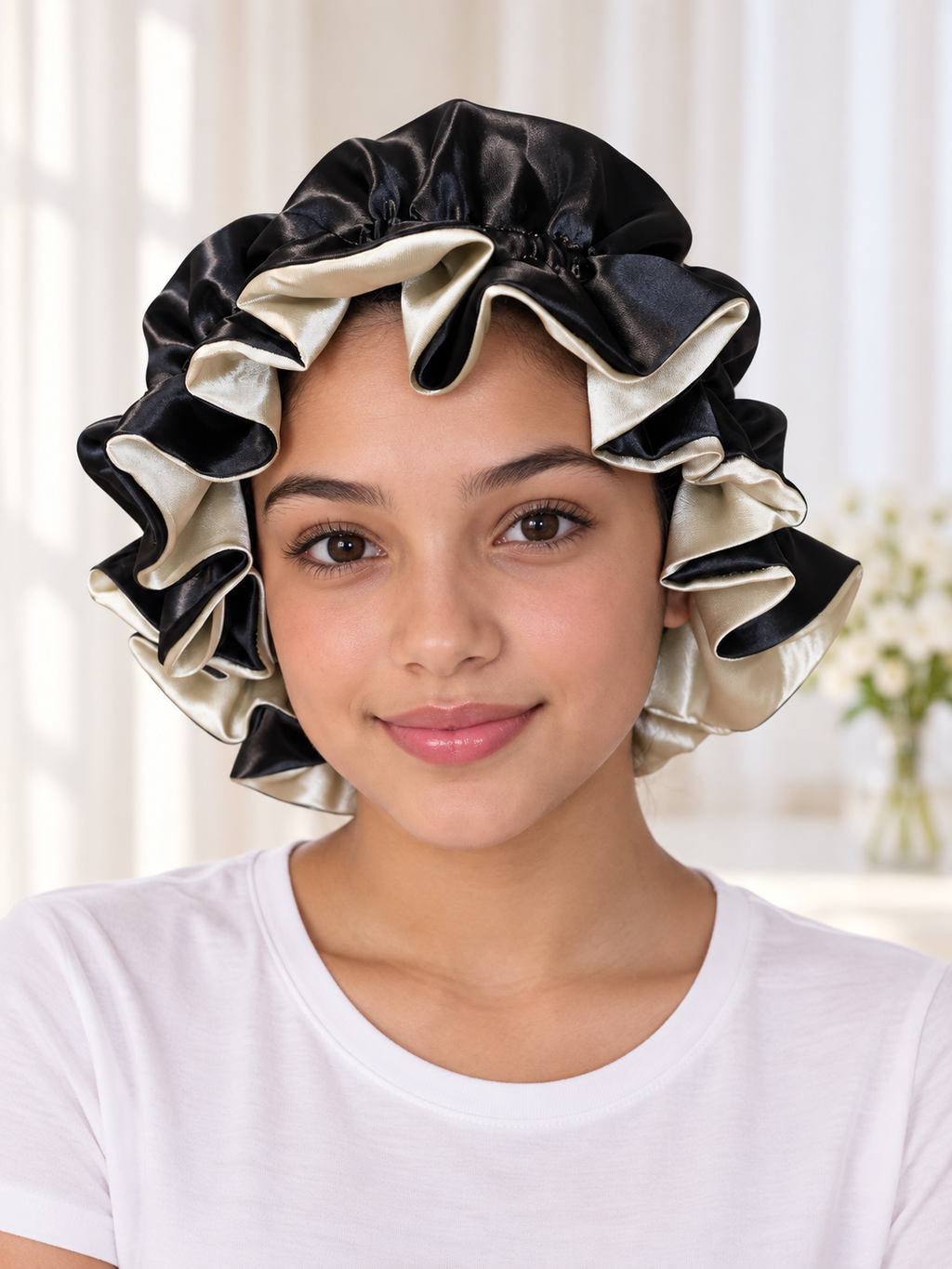 Black & Champagne Reversible Satin Bonnet – Handmade