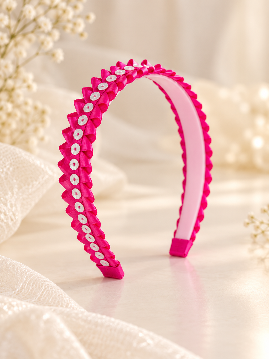Handmade Fuchsia Pink Ribbon Headband with Iridescent Accents